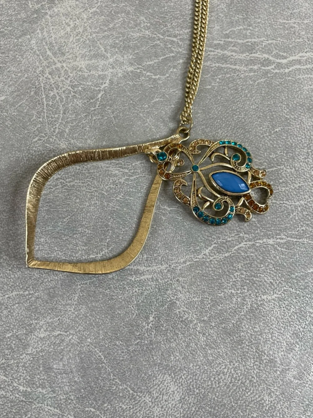 Charming Charlie Gold-Tone Teardrop Necklace with Blue and Amber Accents